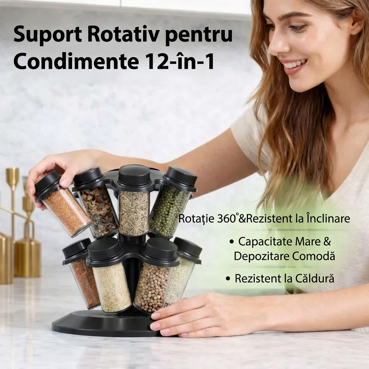 Suport Rotativ pentru Condimente cu 12 Borcane, Rotire 360°, Bază Antirugină