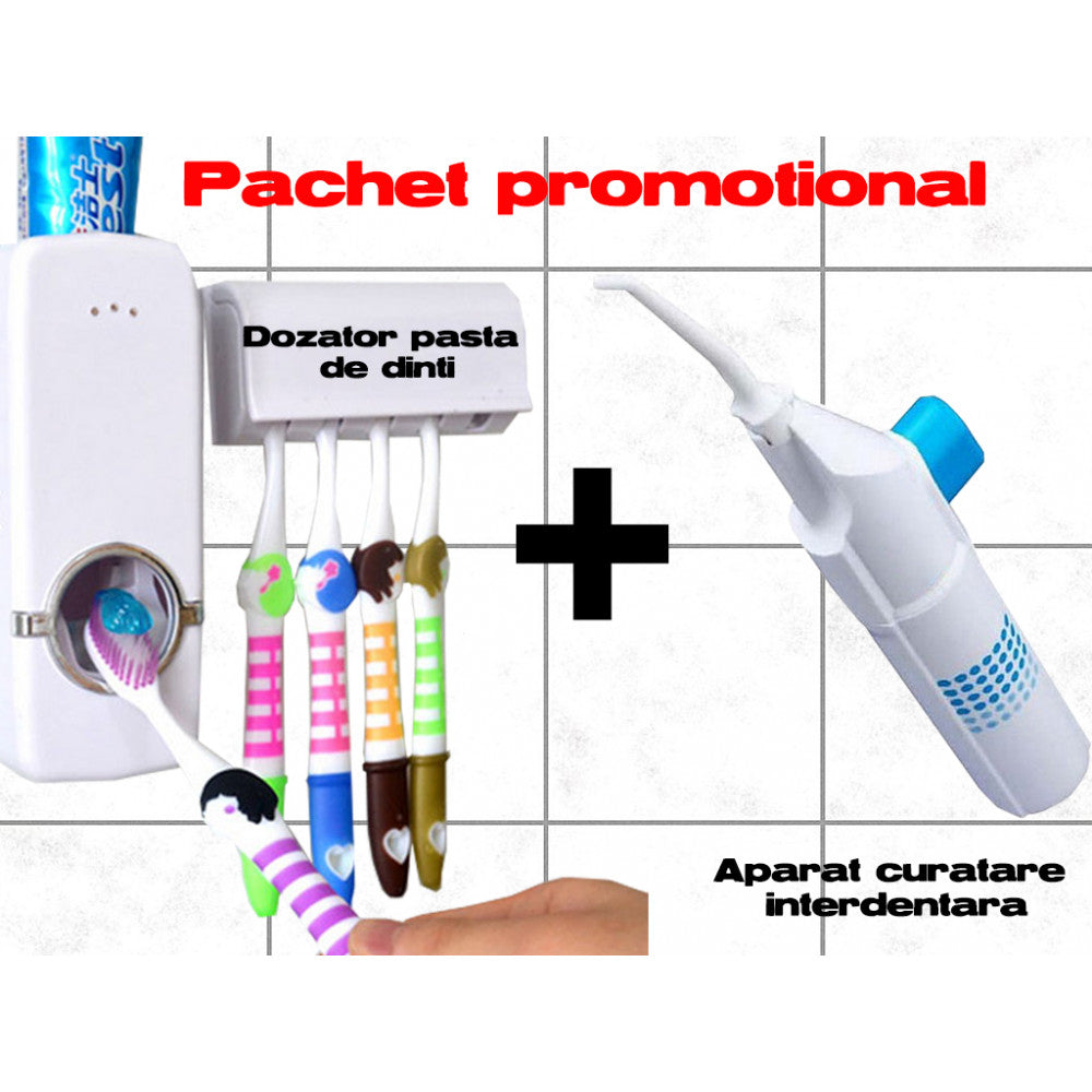 Pachet promotional dozator pasta de dinti si aparat curatare interdentara