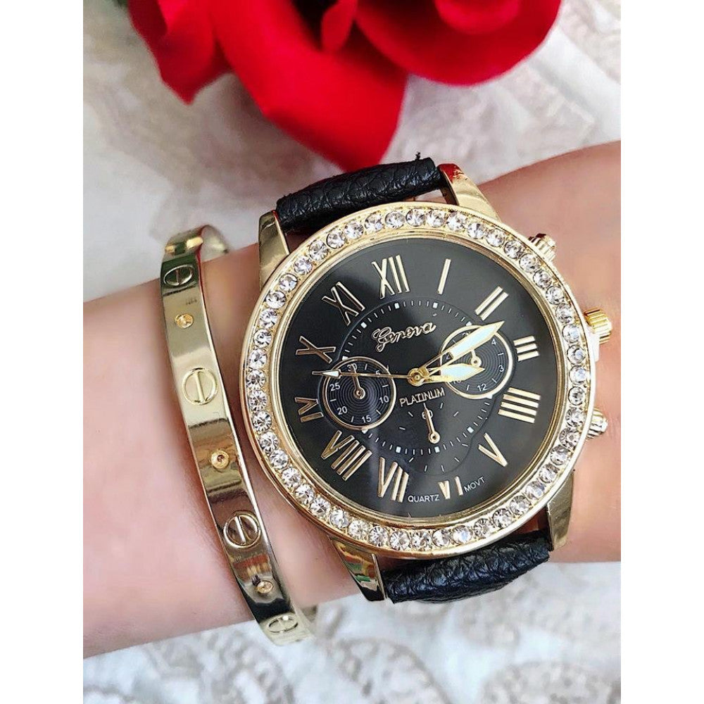 Ceas dama curea piele PU Golden Black cu pietricele