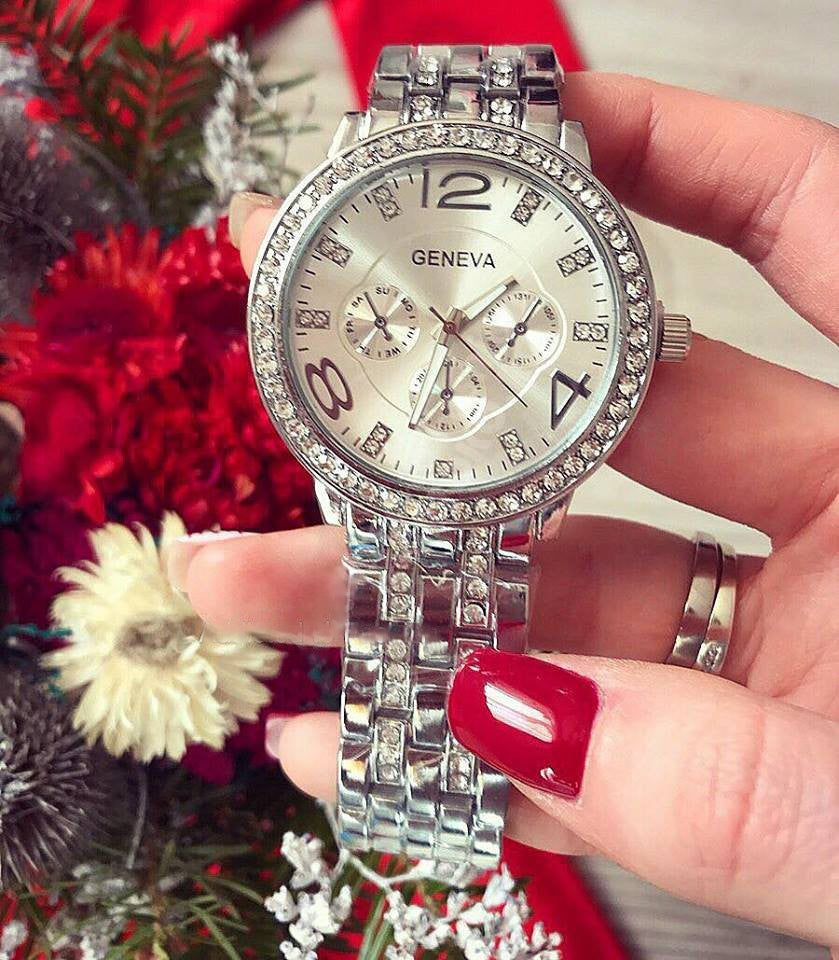 Ceas de dama metalic Geneva Silver cu pietricele