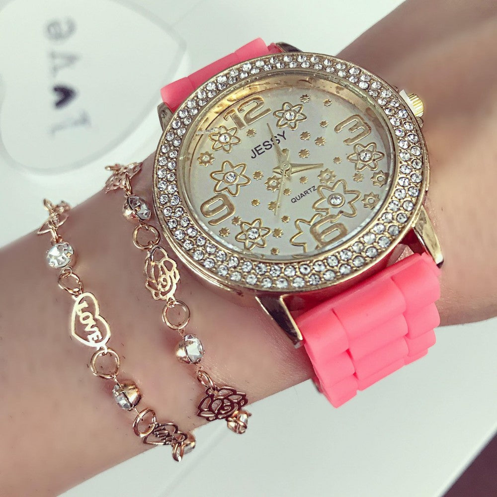 Ceas dama Flower Fashion Corai cu pietricele