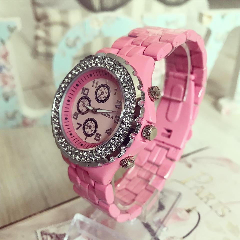 Ceas dama Cristal Fashion Pink curea metalica