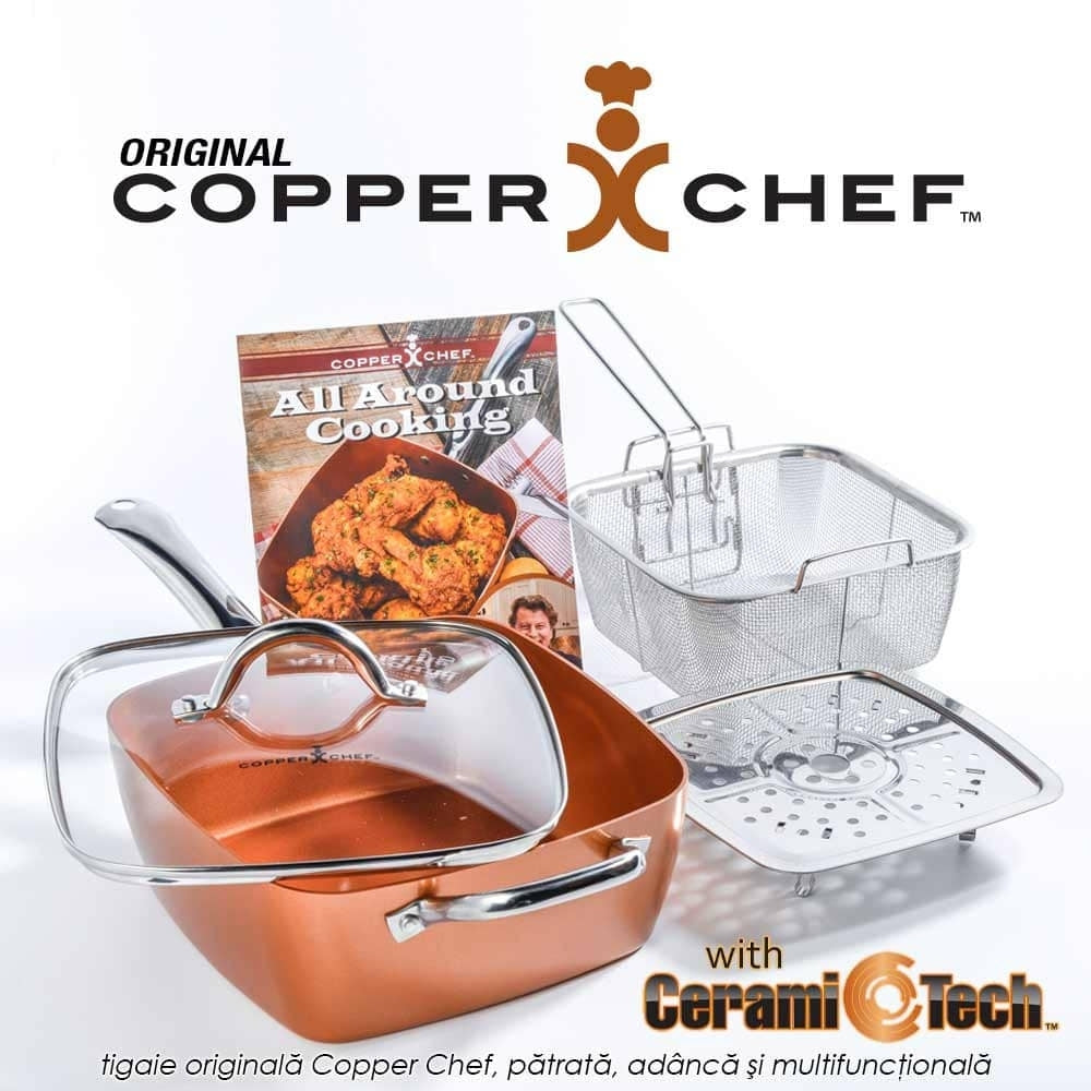 Tigaie Patrata Adanca Multifunctionala – Copper Chef Original – Antiaderenta, Acoperita Cu Ceramica De Calitate, Set 5 Piese