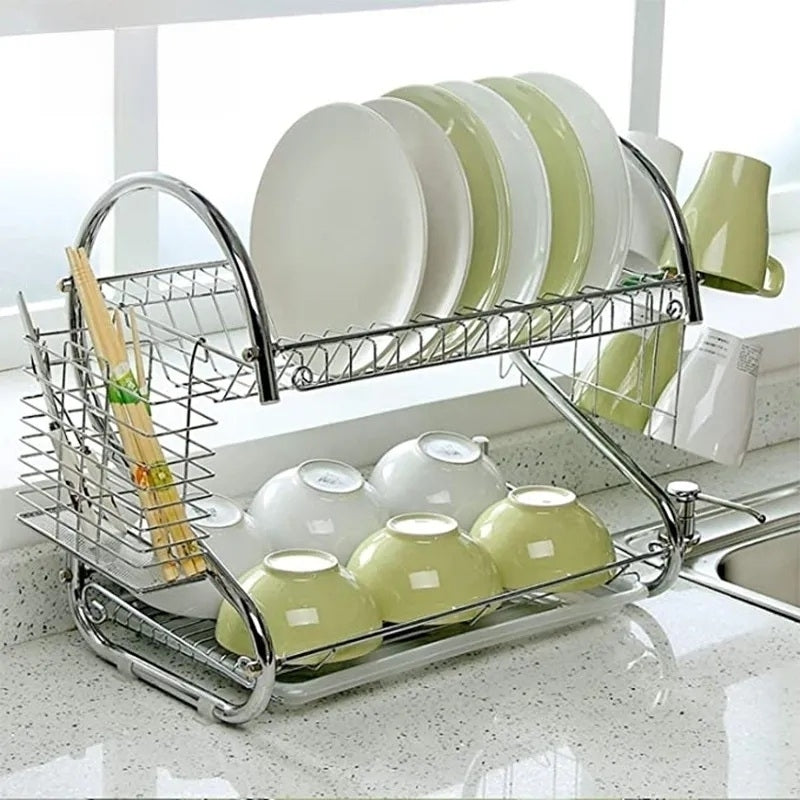 Suport de vase dublu strat pentru farfurii, tacâmuri și pahare – fier rezistent, design modern