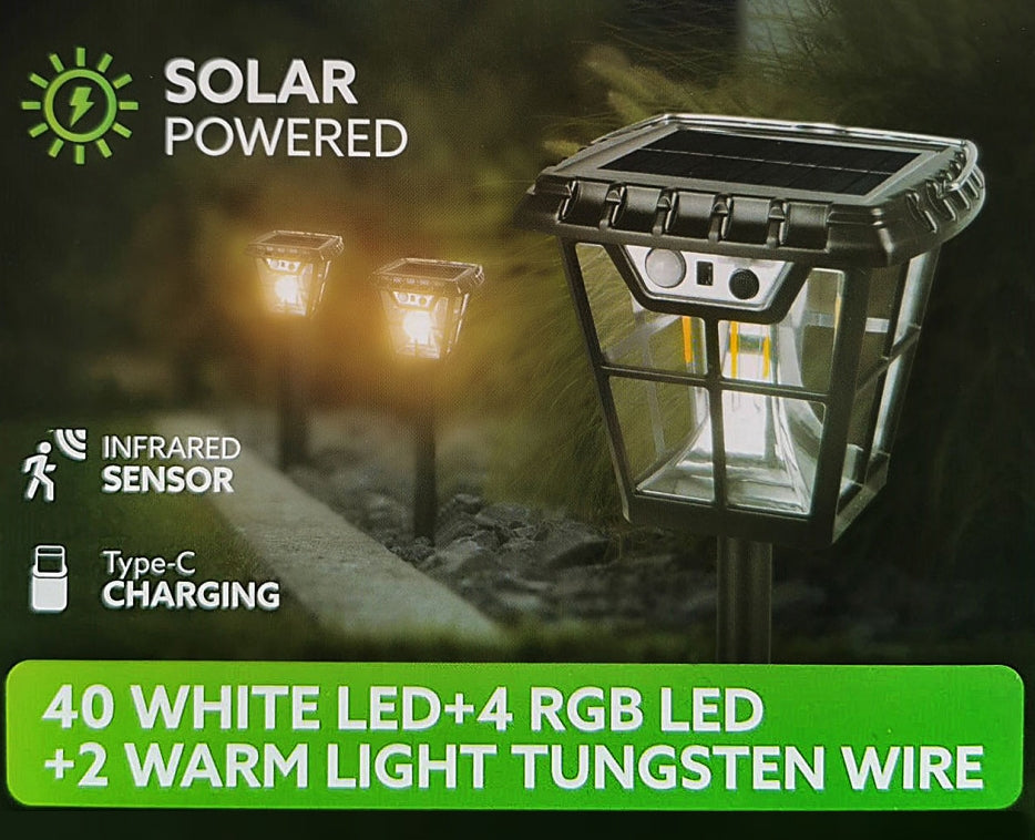 Felinar Solar Versatil cu 3 Moduri de Iluminare LED: Ideal pentru Casă sau Grădină, Tungsten, RGB și Senzor de Mișcare