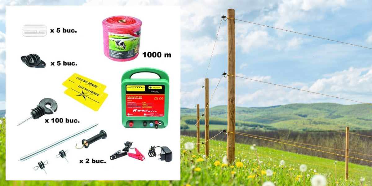 Kit complet gard electric 12/220V, 4.6 Joule, lungime fir 1000m, generator impulsuri electrice protectie animale salbatice, ursi, mistreti, perimetru animale domestice