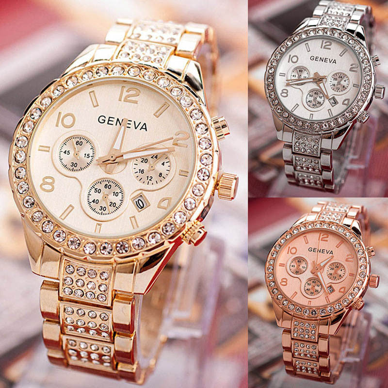 Ceas de dama Geneva Christal DOMS Silver Gold metalic