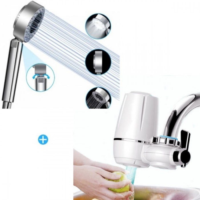 Cap de duș cu doua fete care are functie de Economisire a apei + Cadou: Purificator de apa cu robinet si filtru