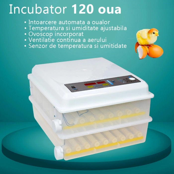 Incubator automat pentru 120 oua, cu dispozitiv automat de intoarcere si ovoscop incorporat