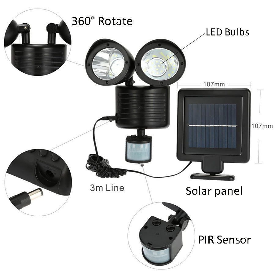 Lampa solara Twin Head cu senzor de miscare
