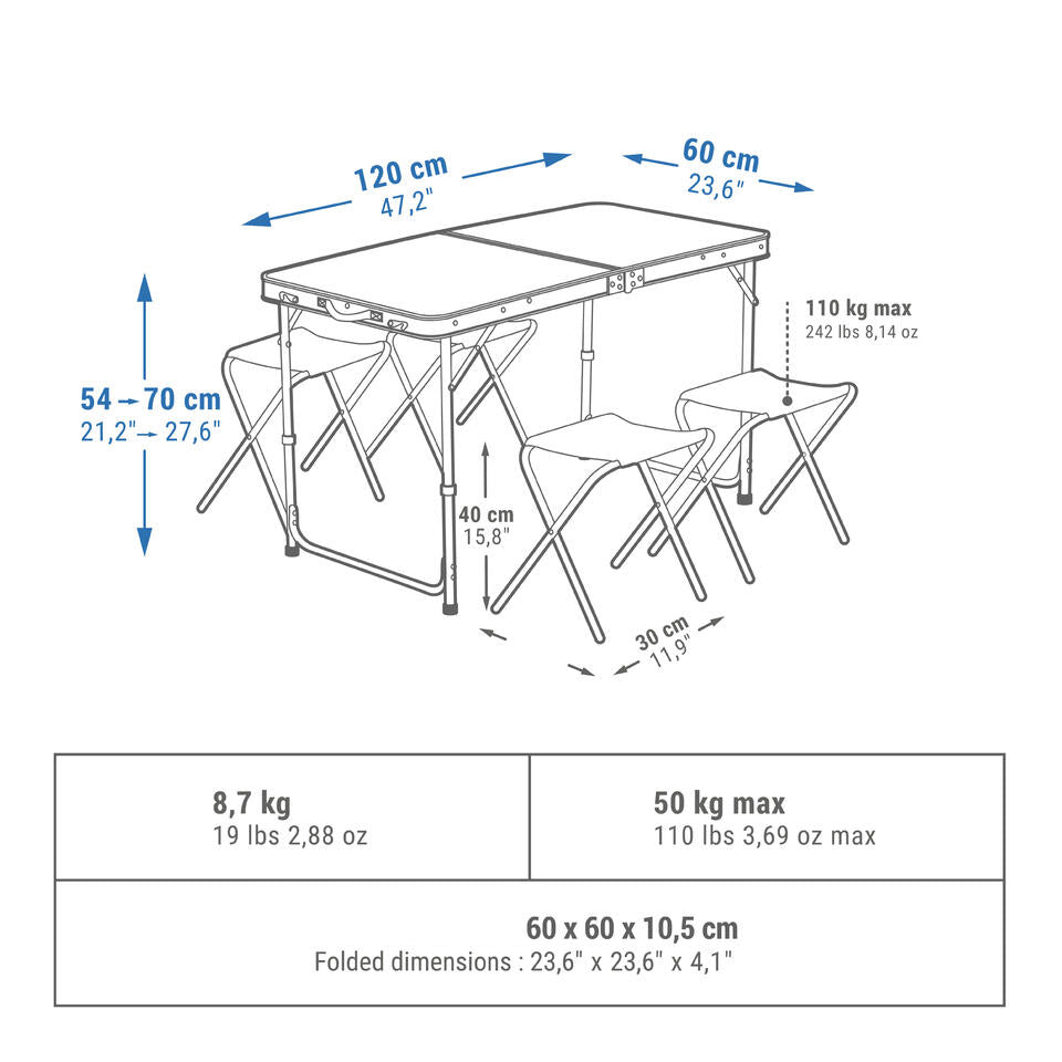 Set pentru camping, masa pliabila cu 4 scaune