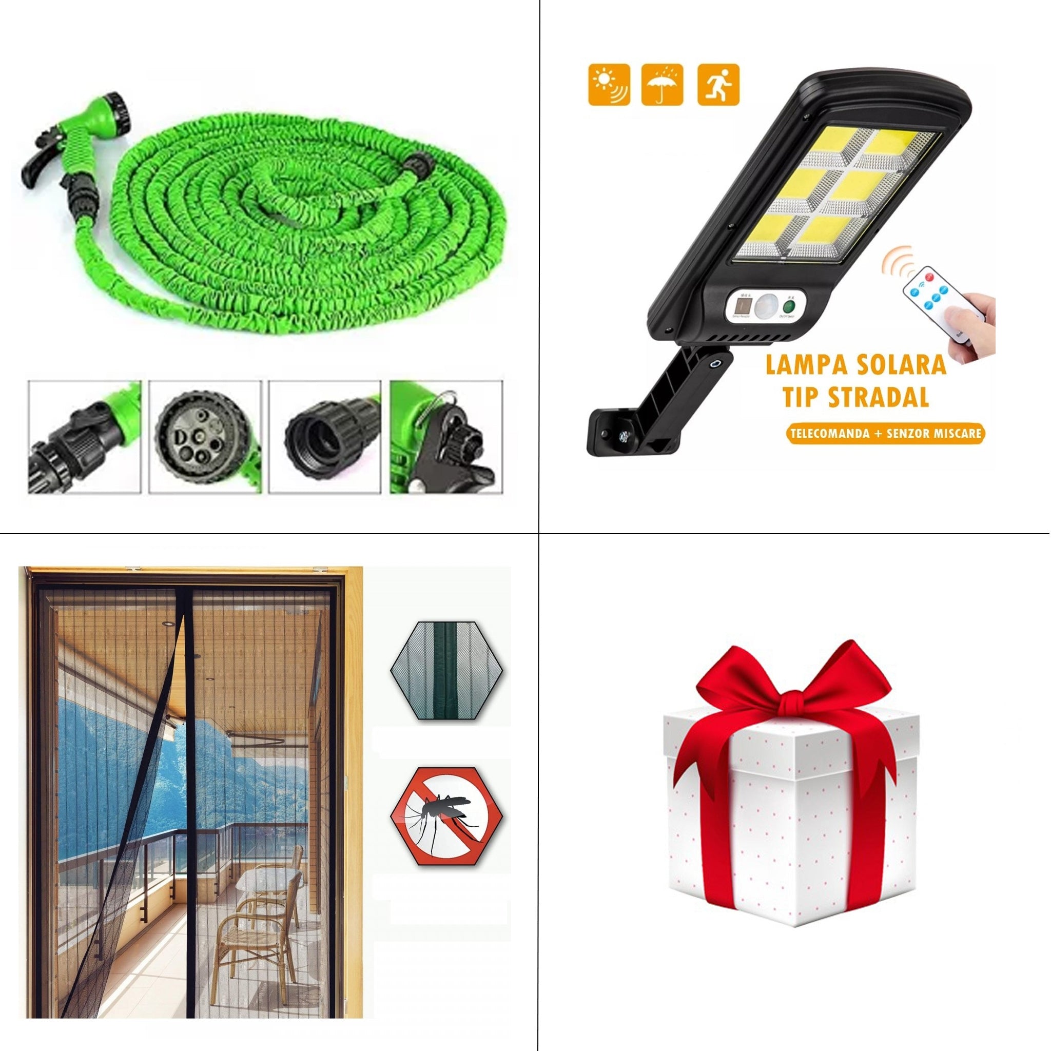 Oferta Promo - Furtun expandabil de gradina, 15 metri - Magic Mesh - perdea cu magneti - Lampa Solara cu LED, 30W, 128 COB, telecomanda inclusa - Cadou