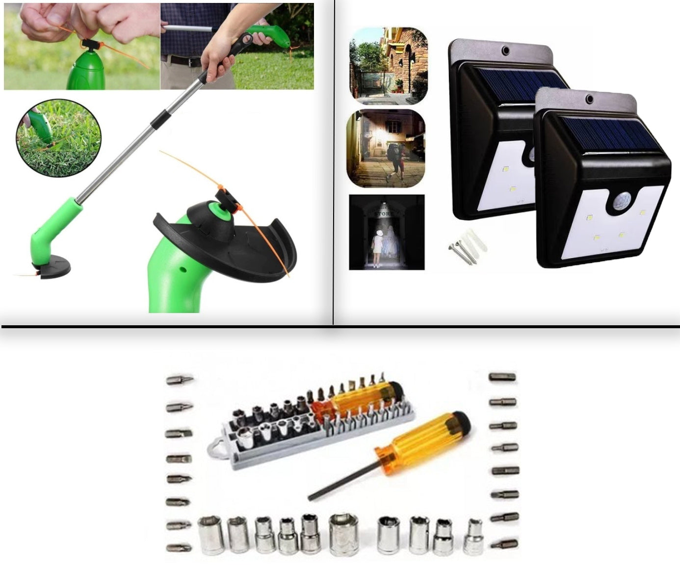 Pachet Gradina Hobby: - Trimmer electric portabil, - Set Chei biti/torx 28 piese, - Kit 2 lampi cu incarcare solara si senzor