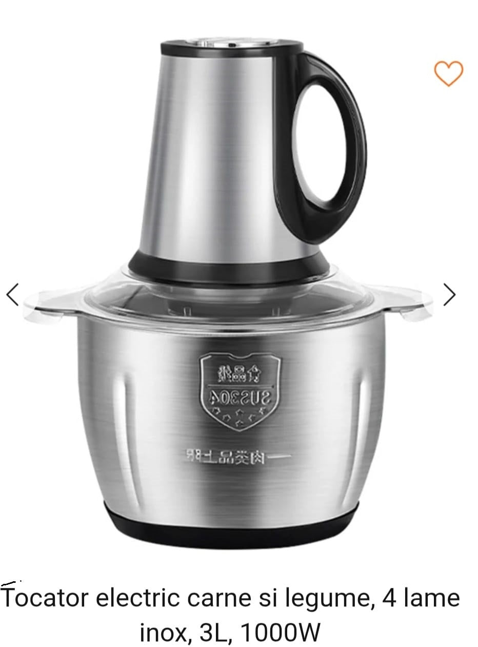 Tocător Electric cu Bol Inox 3L și 4 Lame din Oțel Inoxidabil, Funcție Batere Ouă