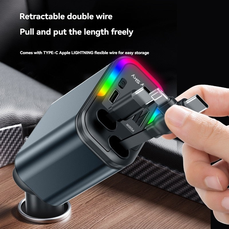 Încărcător Auto 5 în 1 cu Cabluri Retractabile USB-C și Lightning, Porturi USB și Proiector Starlight