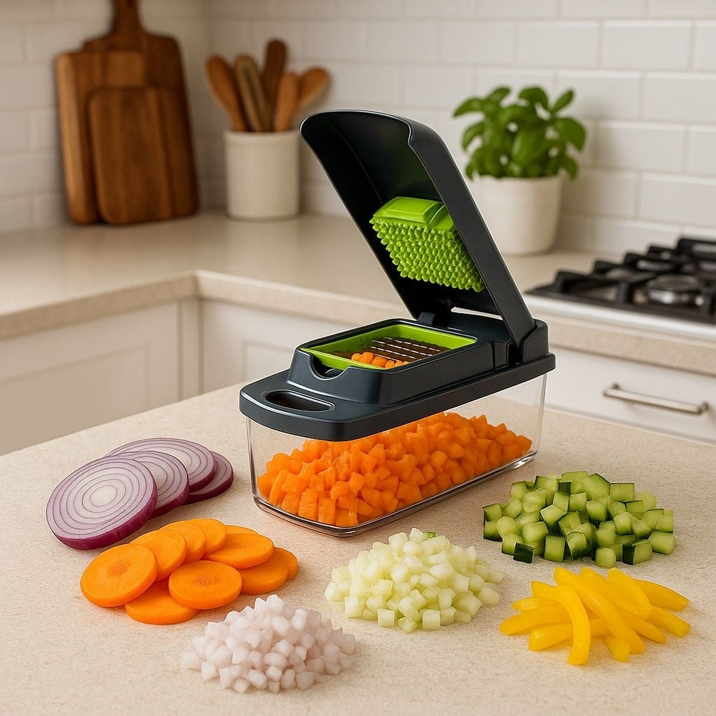 Răzătoare Multifuncțională Veggie Slicer 16 Piese, cu Recipient și Lame din Inox