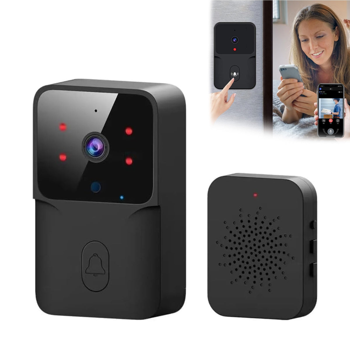 Sonerie Video Wireless Wi-Fi HD cu Aplicație, Vedere Nocturnă și Convorbire Bidirecțională, Neagră