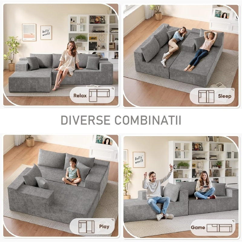 Canapea Colțar în L cu 4 Perne Decorative, Fără Asamblare, 240 x 150 x 70 cm, Gri