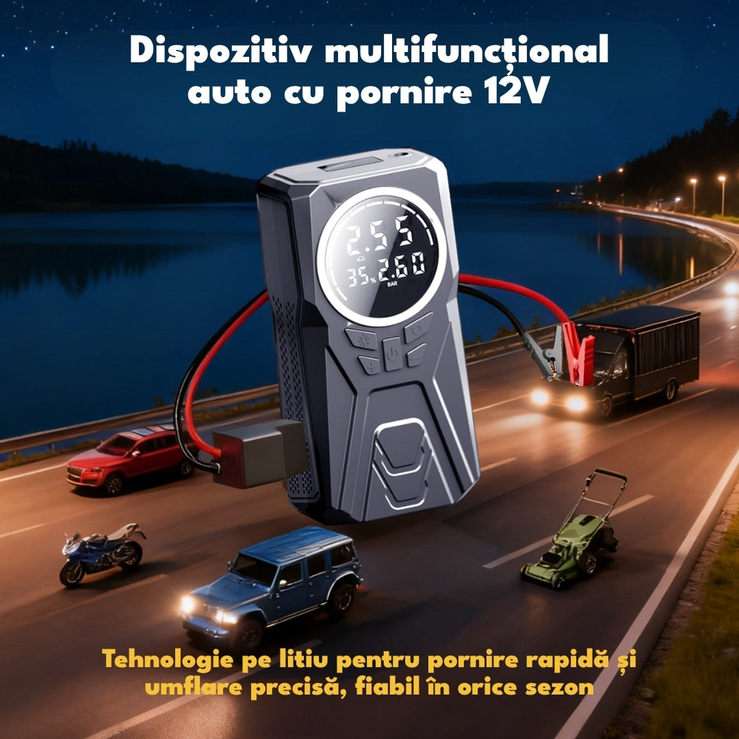 Robot de Pornire Auto 12V cu Compresor 150 PSI, 3000A, 8000 mAh, Powerbank și Lanternă