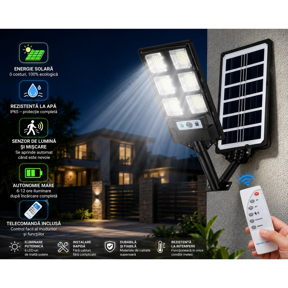 Lampă Solară Stradală cu 6 LED-uri COB, Senzor de Mișcare și Lumină, Telecomandă, IP65