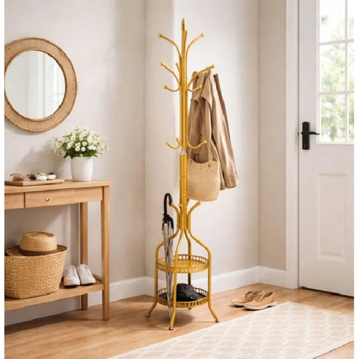 Cuier de Podea Auriu cu Agățători Multiple și 2 Rafturi, Design Vertical Compact