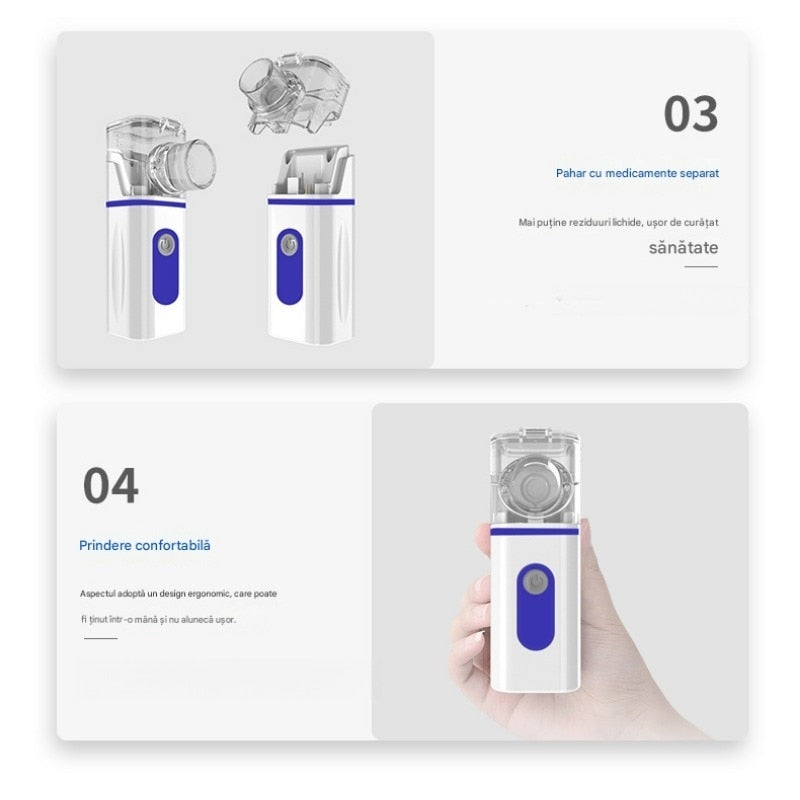 Inhalator portabil compact, particule fine 3.7 nm, cu funcție de autocurățare