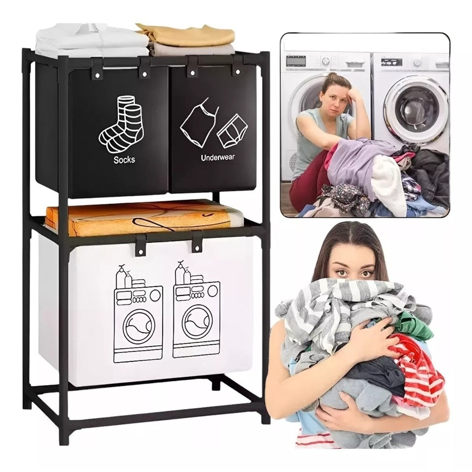 Organizator pentru Rufe Murdare cu 3 Coșuri și 2 Rafturi, Cadru din Inox, Negru