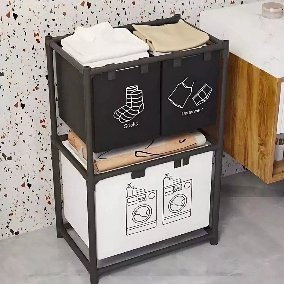 Organizator pentru Rufe Murdare cu 3 Coșuri și 2 Rafturi, Cadru din Inox, Negru