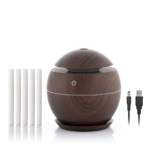 Mini Umidificator Ultrasonic și Difuzor de Arome 130 ml, USB, Lumini LED, Maro