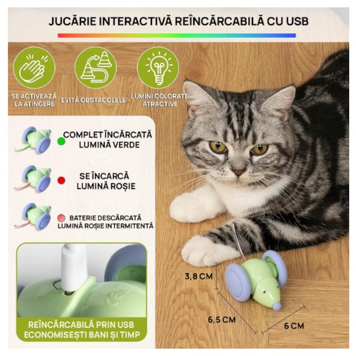 Jucărie Interactivă pentru Pisici, Șoricel Automat cu Evitare Obstacole și Coadă LED