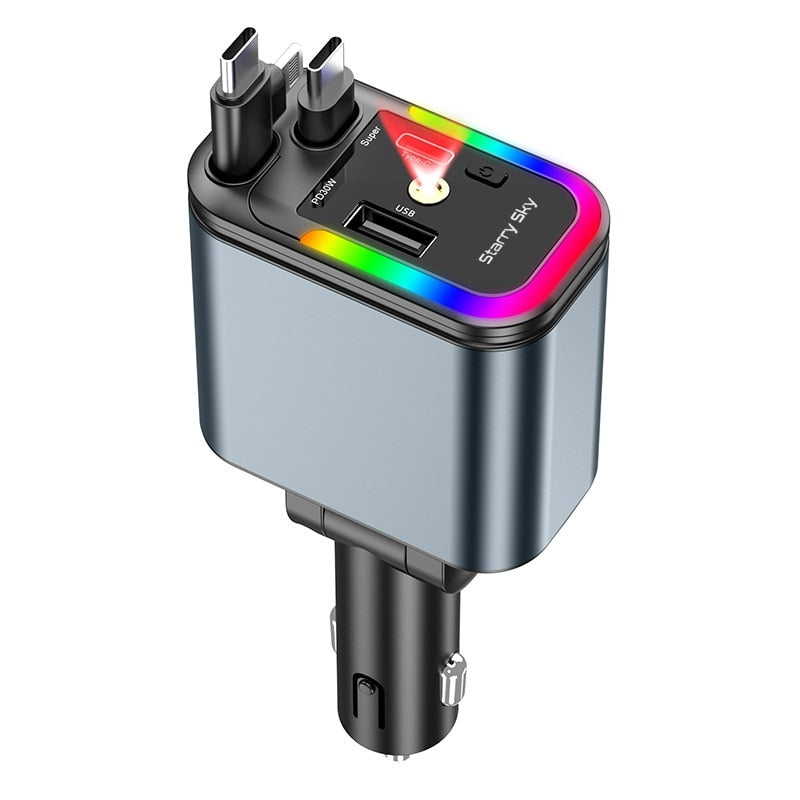 Încărcător Auto 5 în 1 cu Cabluri Retractabile USB-C și Lightning, Porturi USB și Proiector Starlight