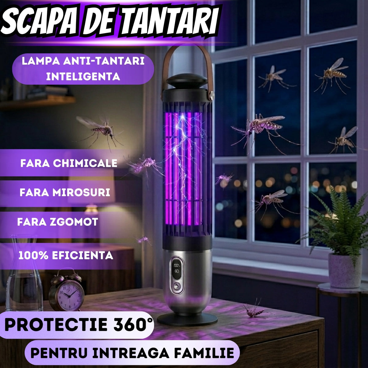 Lampă Anti-Țânțari UV 2 în 1 cu Lumină de Noapte, 20W, Grilă 2000V, Acumulator 4000 mAh