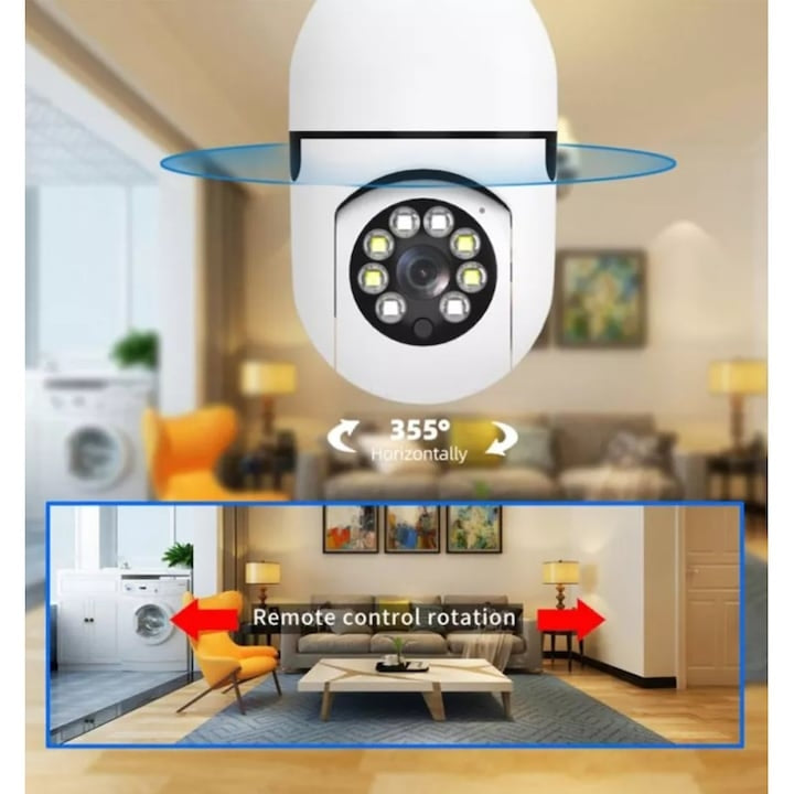 Cameră de Supraveghere Tip Bec E27, Wi-Fi 3MP, Rotire 360°, Vedere Nocturnă și Senzor de Mișcare