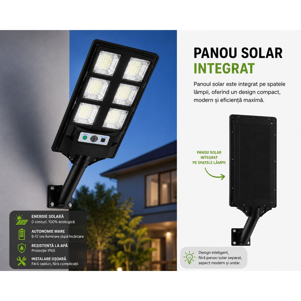 Lampă Solară Stradală cu 6 LED-uri COB, Senzor de Mișcare și Lumină, Telecomandă, IP65