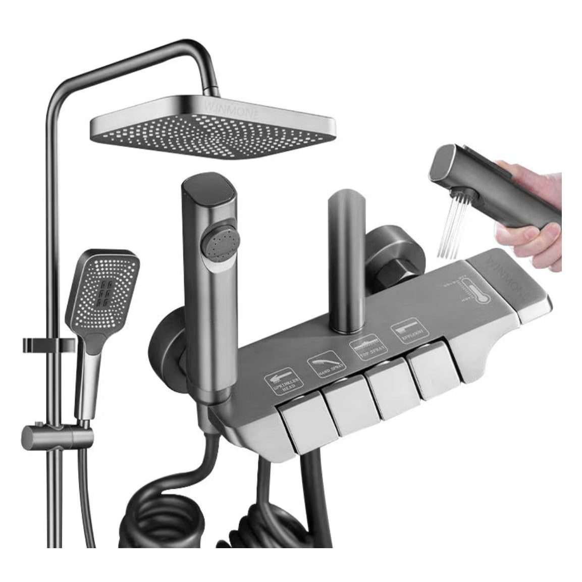 Coloană de Duș cu Comenzi Piano, 4 Funcții, Pulverizare cu Aer și Rotire 360°, Gri