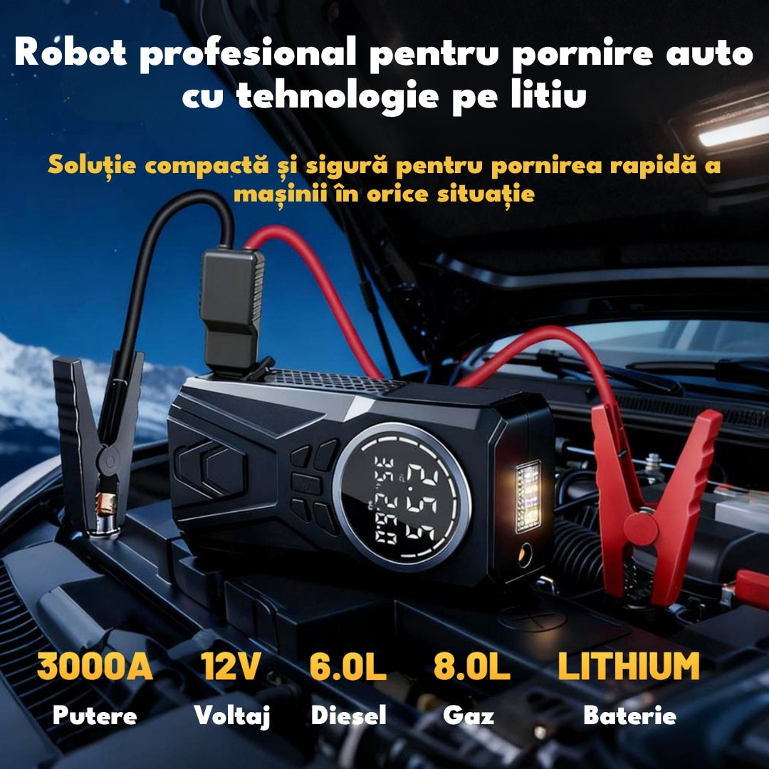 Robot de Pornire Auto 12V cu Compresor 150 PSI, 3000A, 8000 mAh, Powerbank și Lanternă