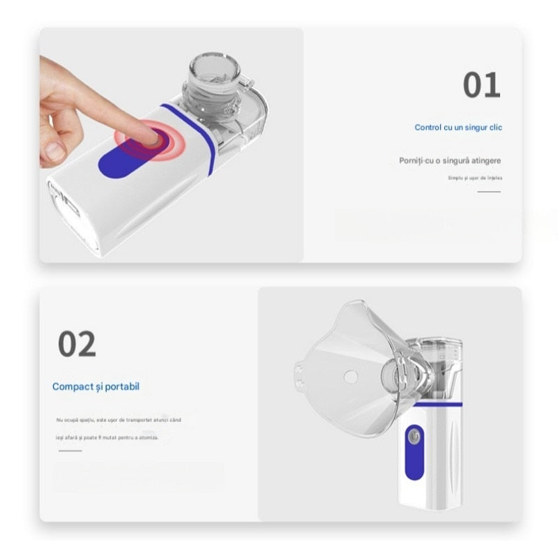 Inhalator portabil compact, particule fine 3.7 nm, cu funcție de autocurățare