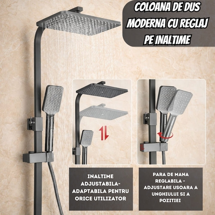 Coloană de Duș cu Termostat, 4 Funcții, Pară Ploaie 20 cm, Bideu și Pipă Cadă, Gun Grey