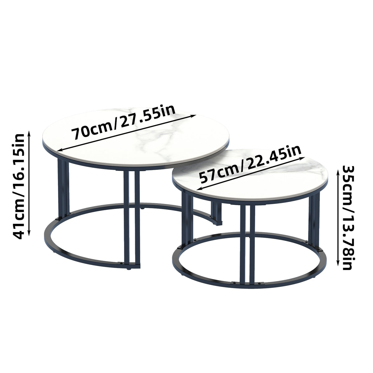 Set 2 Măsuțe de Cafea cu Blat Efect Marmură Albă și Cadru Metalic Negru