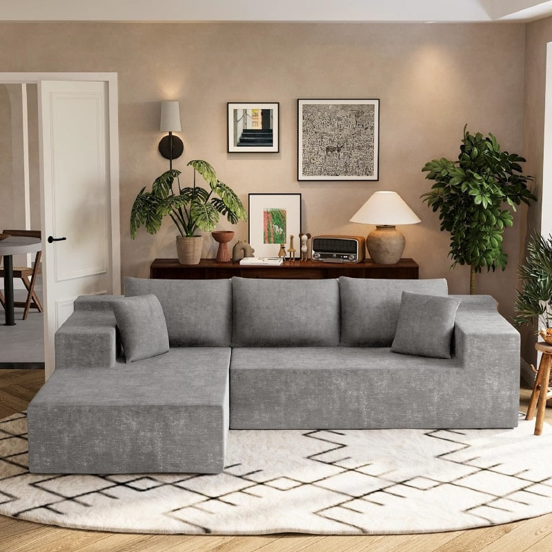 Canapea Colțar în L cu 4 Perne Decorative, Fără Asamblare, 240 x 150 x 70 cm, Gri