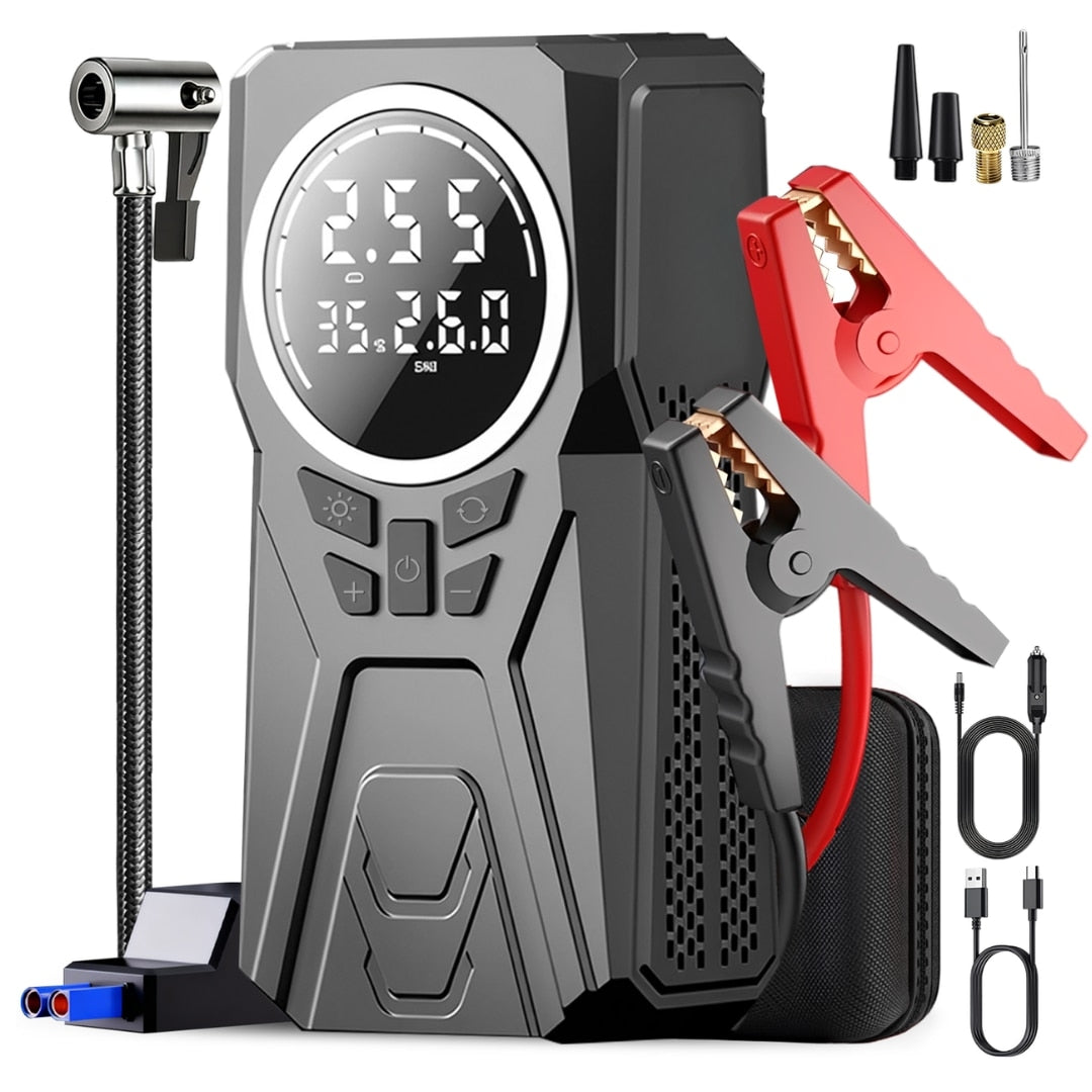 Robot de Pornire Auto 12V cu Compresor 150 PSI, 3000A, 8000 mAh, Powerbank și Lanternă
