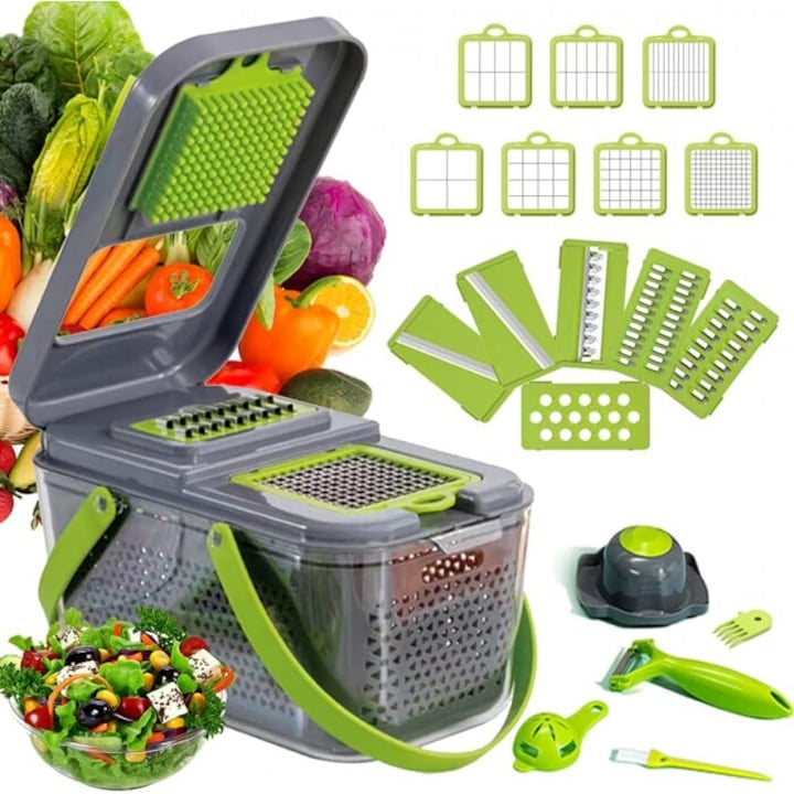 Răzătoare Multifuncțională 22 Piese cu Lame din Inox, Recipient, Separator de Ou și Protecție Mâini