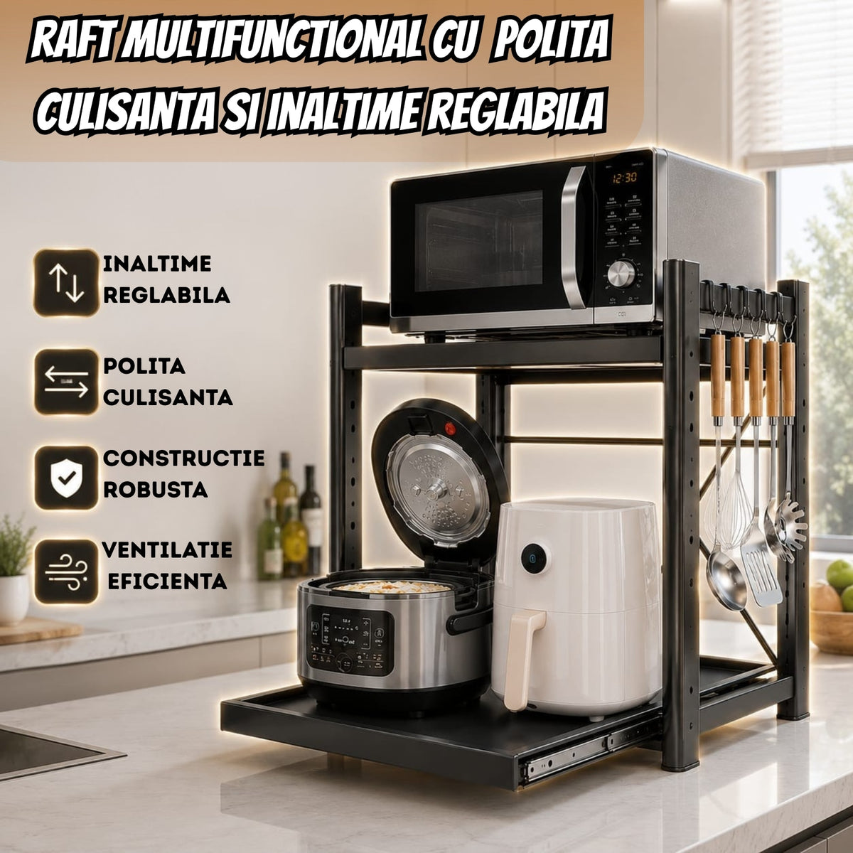 Raft Metalic pentru Cuptorul cu Microunde, Reglabil pe Înălțime, 2 Niveluri, Poliță Culisantă și 6 Cârlige