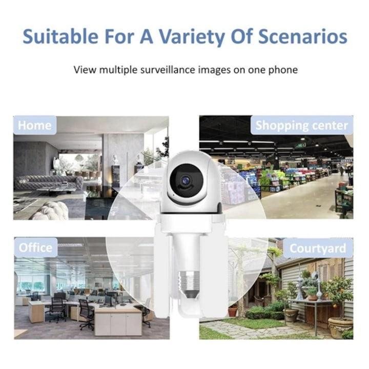 Cameră de Supraveghere Tip Bec Wi-Fi 3MP, Rotire 360°, Montaj în Dulie E27