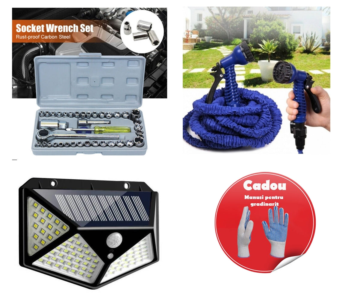 Pachet Promo - Lanterna 3 moduri de iluminare, incarcare solara - Furtun de gradina expandabil - Trusa chei tubulare + Cadou - Stoc Limitat!