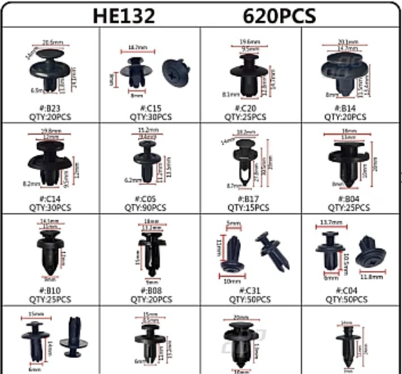 Set 620 piese cleme clipsuri si pini fixare auto plastic
