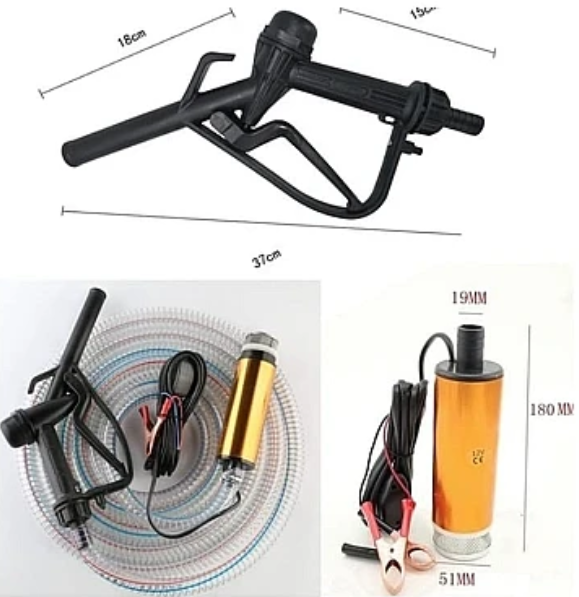 Pachet pompa transfer benzina motorina si alte lichide 12V cu furtun 3 metri si pistol