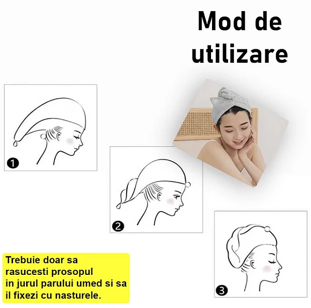 Prosop de baie pentru copii tip Turban din microfriba pentru uscarea parului model pisicuta