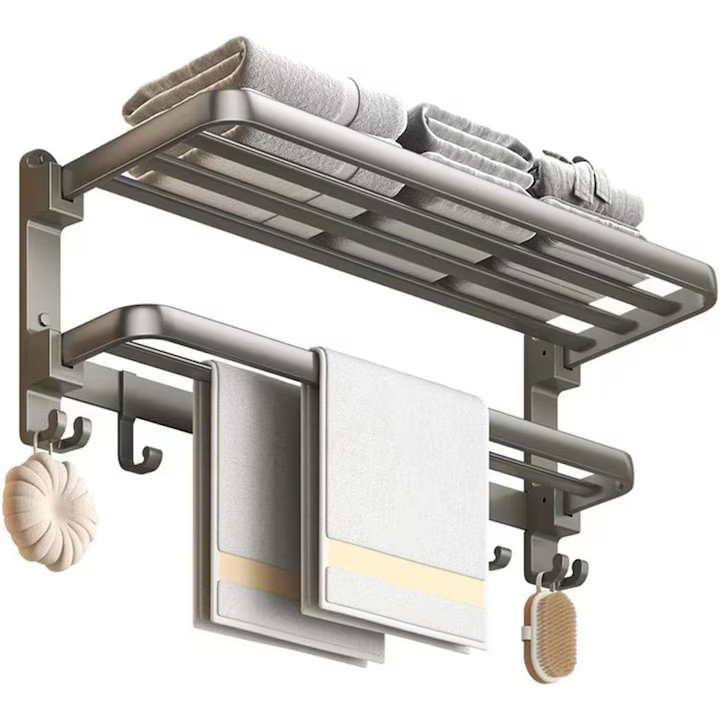Suport Pliabil pentru Prosoape din Aluminiu, cu Poliță și Cârlige, 60 cm, Gri