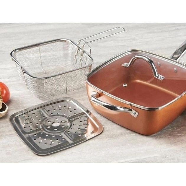 Tigaie Patrata Adanca Multifunctionala – Copper Chef Original – Antiaderenta, Acoperita Cu Ceramica De Calitate, Set 5 Piese